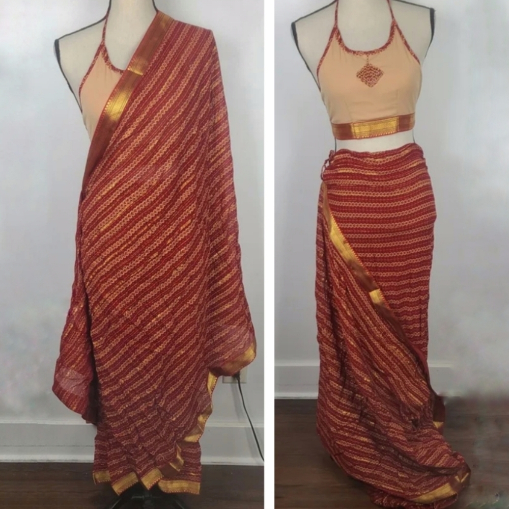 Red Sari Saree Skirt & Running Blouse Border Leheriya Print Regular Wear S - Picture 13 of 16